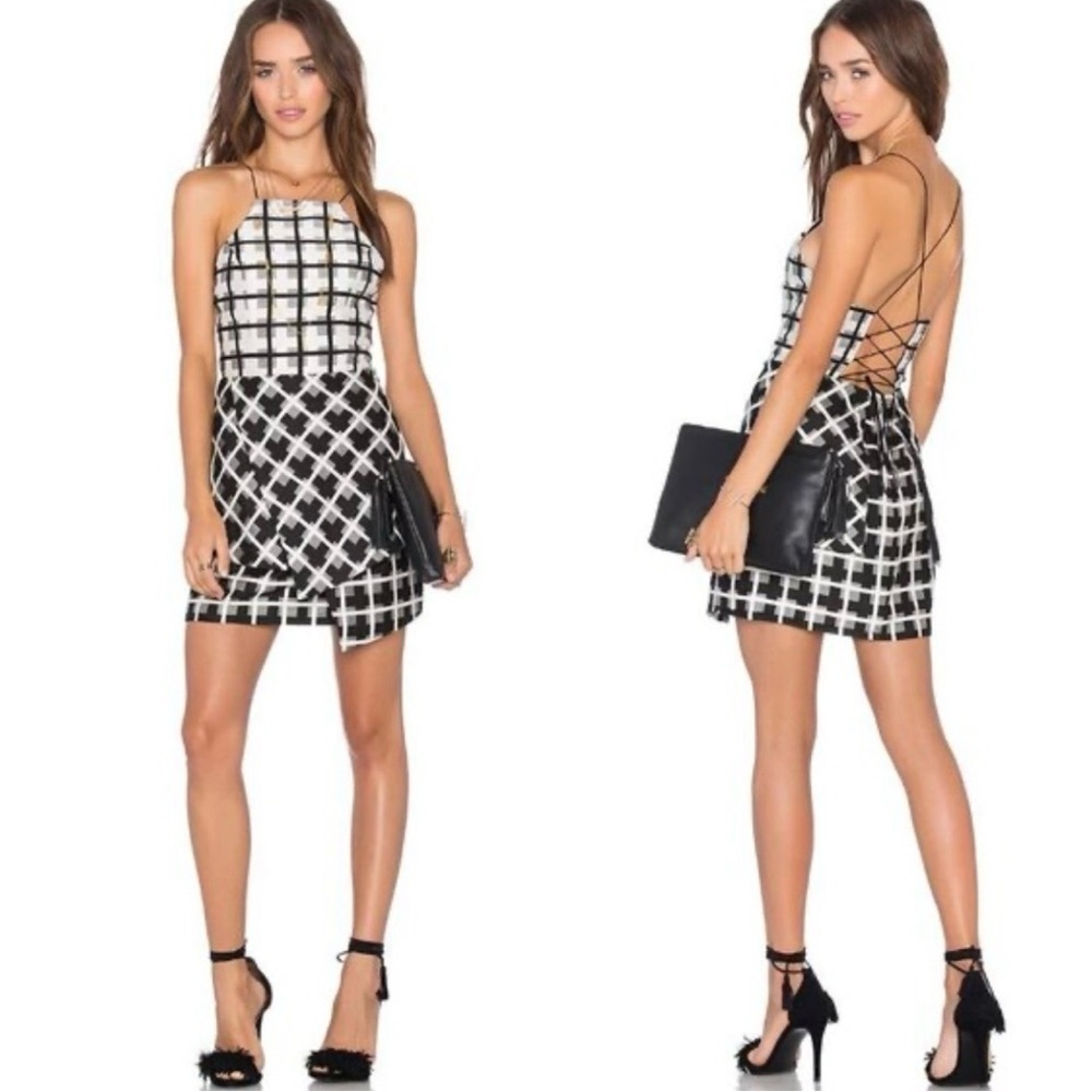 NBD Womens Eternal Day Plaid Layered Mini Dress Sz Small Black White Strappy